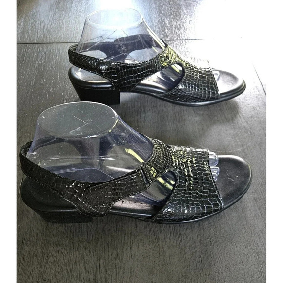 SAS Suntimer Croc Embossed Sandals Size 11 Black Patent Leather Comfort - Picture 3 of 8